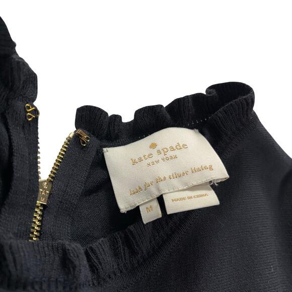 Kate Spade New York Black Knit Fit & Flare Dress Ruffle Neck Long Sleeve Size M - Picture 4 of 10